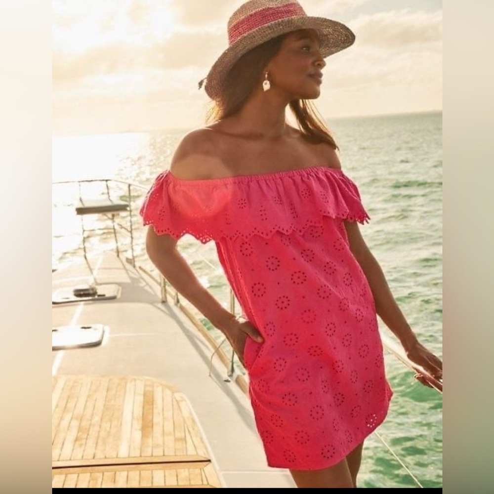 Tommy Bahama Coral Pink Off-Shoulder Eyelet Mini Dress